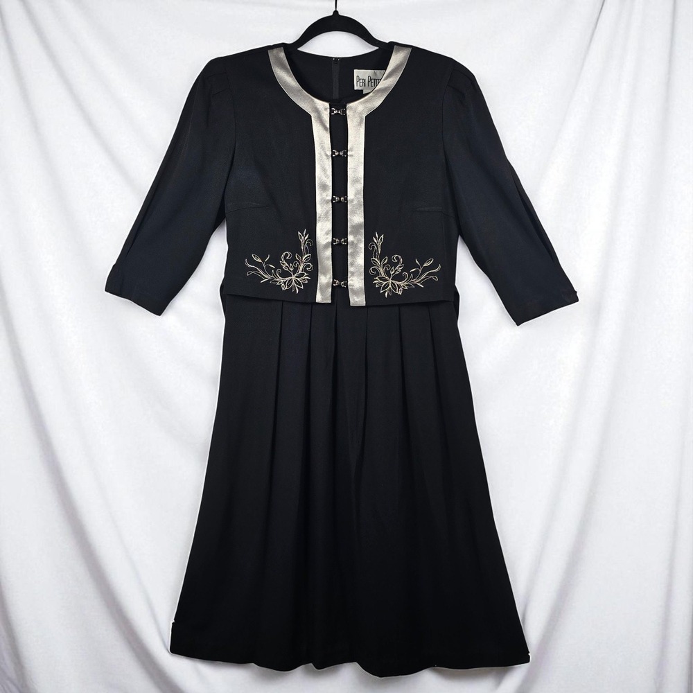 VTG Peri Petites Secretary Dress Black Silver Trim Embroidery Pleated Woman 8